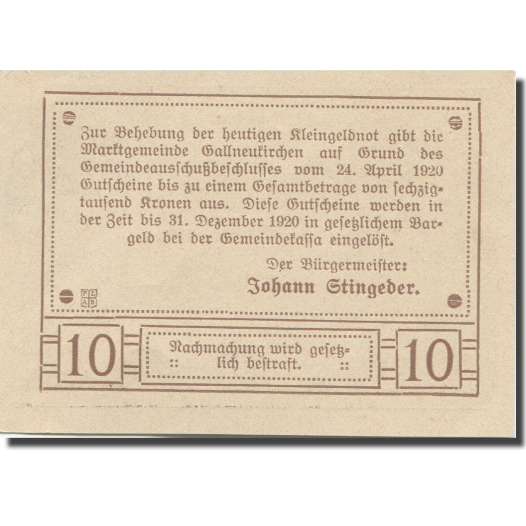 Banknote, Austria, Gallneukirchen O.Ö. Marktgemeinde, 10 Heller, Texte, 1920