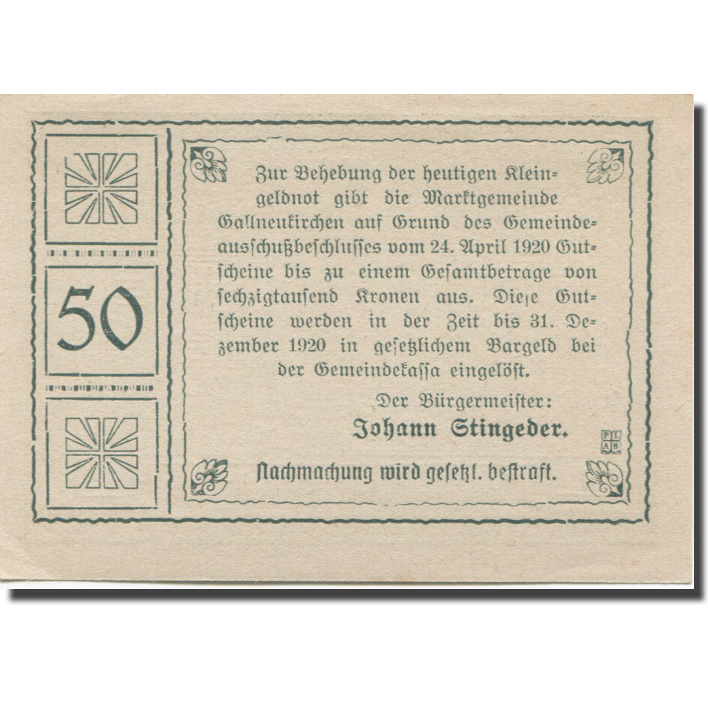 Banknote, Austria, Gallneukirchen O.Ö. Marktgemeinde, 50 Heller, Texte 2, 1920