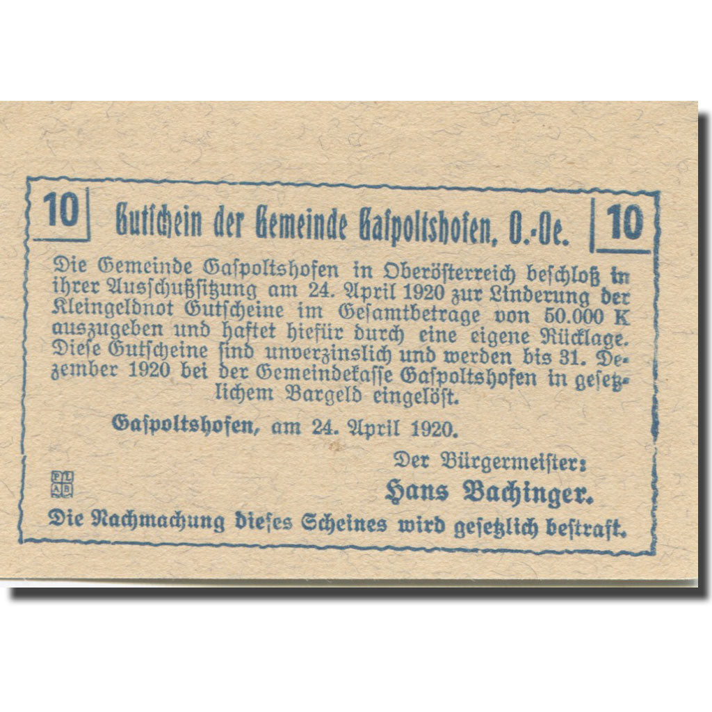 Banknote, Austria, Gaspoltshofen O.Ö. Gemeinde, 10 Heller, Texte, 1920