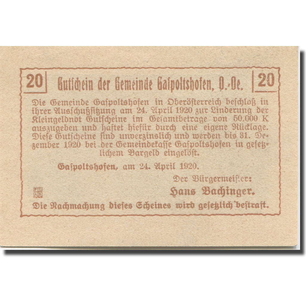Banknote, Austria, Gaspoltshofen O.Ö. Gemeinde, 20 Heller, texte 1, 1920