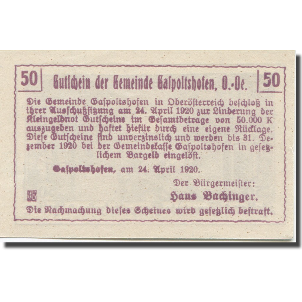 Banknote, Austria, Gaspoltshofen O.Ö. Gemeinde, 50 Heller, Texte 2, 1920