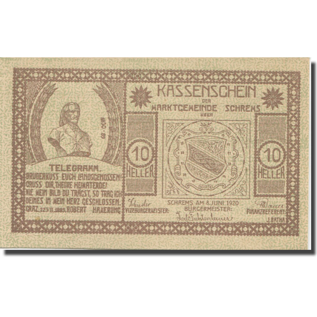 Banknote, Austria, Schrems N.Ö. Marktgemeinde, 10 Heller, Texte, 1920