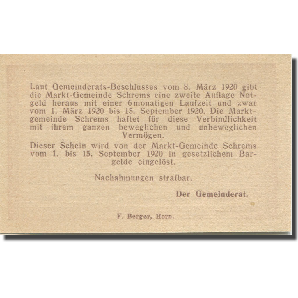 Banknote, Austria, Schrems N.Ö. Marktgemeinde, 10 Heller, Texte, 1920