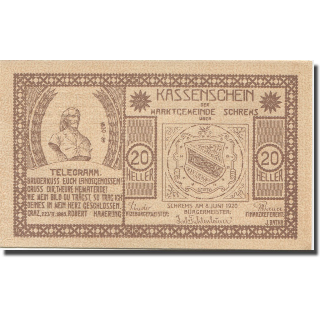 Banknote, Austria, Schrems N.Ö. Marktgemeinde, 20 Heller, texte 1, 1920
