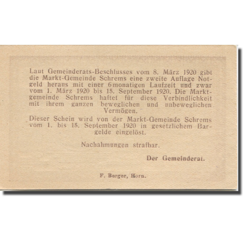 Banknote, Austria, Schrems N.Ö. Marktgemeinde, 20 Heller, texte 1, 1920