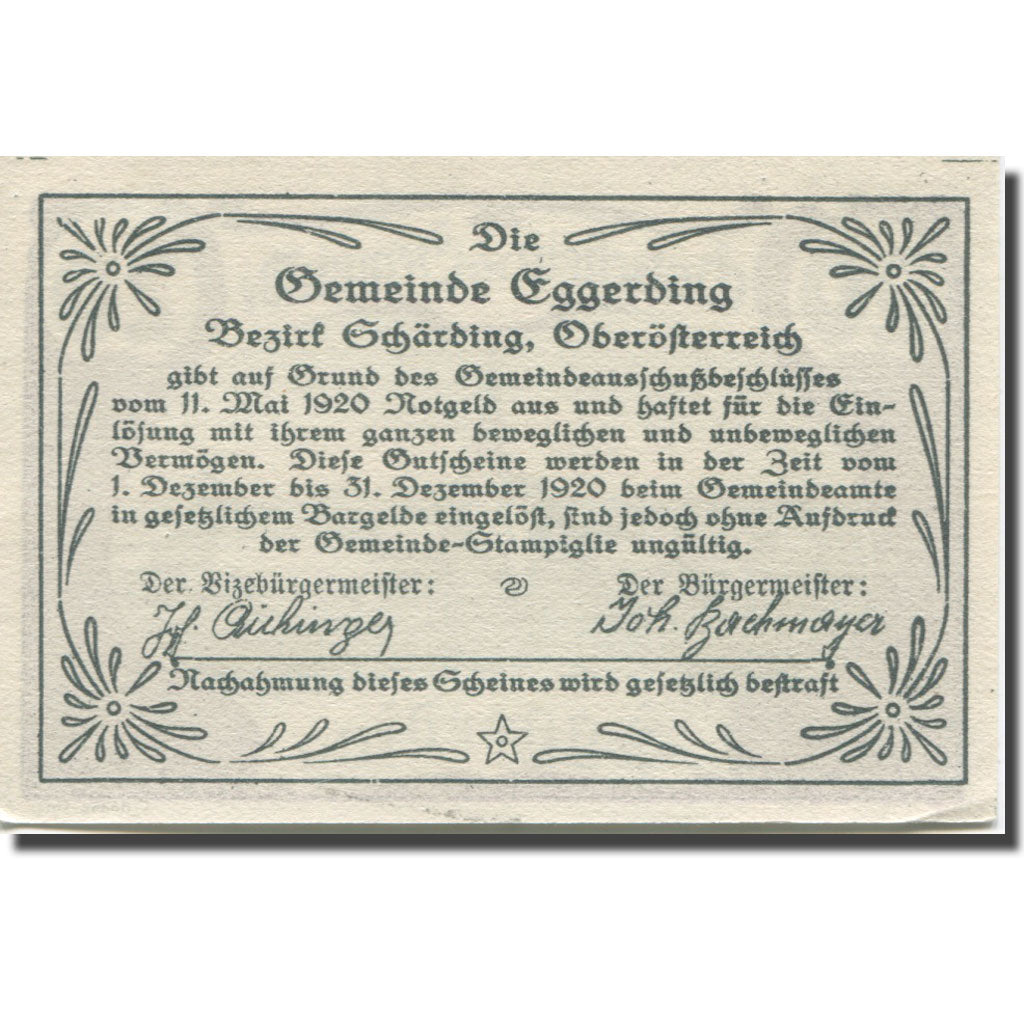 Banknote, Austria, Eggerding O.Ö. Gemeinde, 20 Heller, Texte, 1920, 1920-12-31