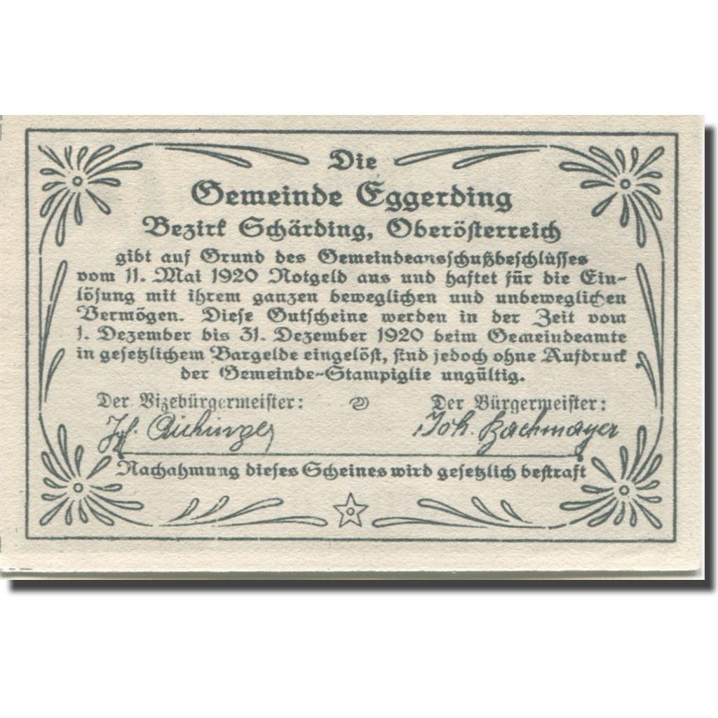 Banknot, Austria, Eggerding O.Ö. Gemeinde, 20 Heller, texte 1, 1920