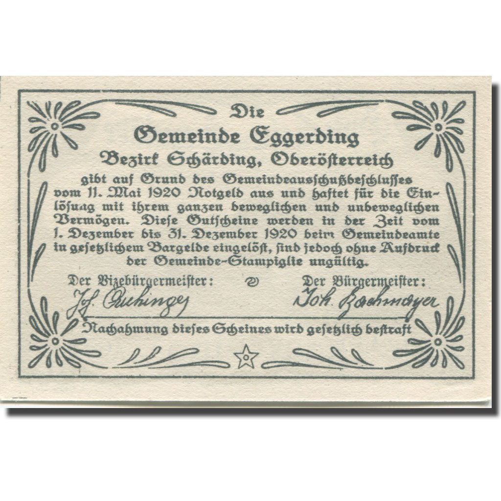 Banknote, Austria, Eggerding O.Ö. Gemeinde, 30 Heller, Texte 3, 1920