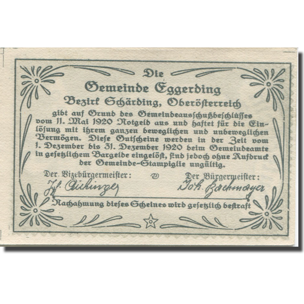Banknot, Austria, Eggerding O.Ö. Gemeinde, 50 Heller, Texte  5, 1920