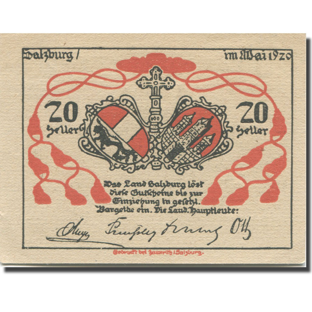 Banknote, Austria, Salzburg Sbg. Land, 20 Heller, Blason 1, 1920, AU(55-58)