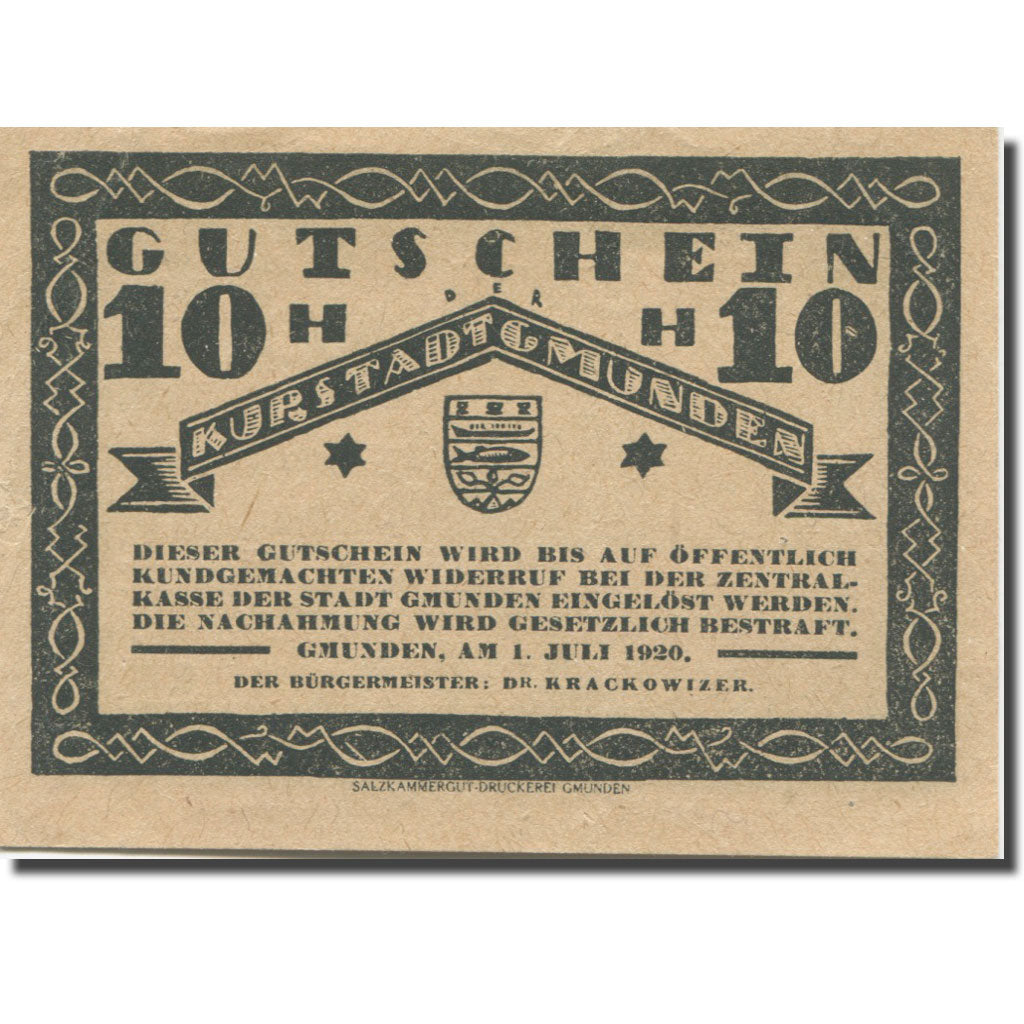 Banknote, Austria, Gmunden O.Ö. Stadt, 10 Heller, Blason, 1920, 1920-07-01
