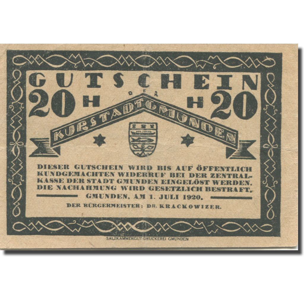 Banknote, Austria, Gmunden O.Ö. Stadt, 20 Heller, Blason 1, 1920, 1920-07-01