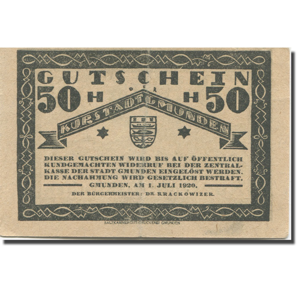 Banknote, Austria, Gmunden O.Ö. Stadt, 50 Heller, Blason 2, 1920, 1920-07-01