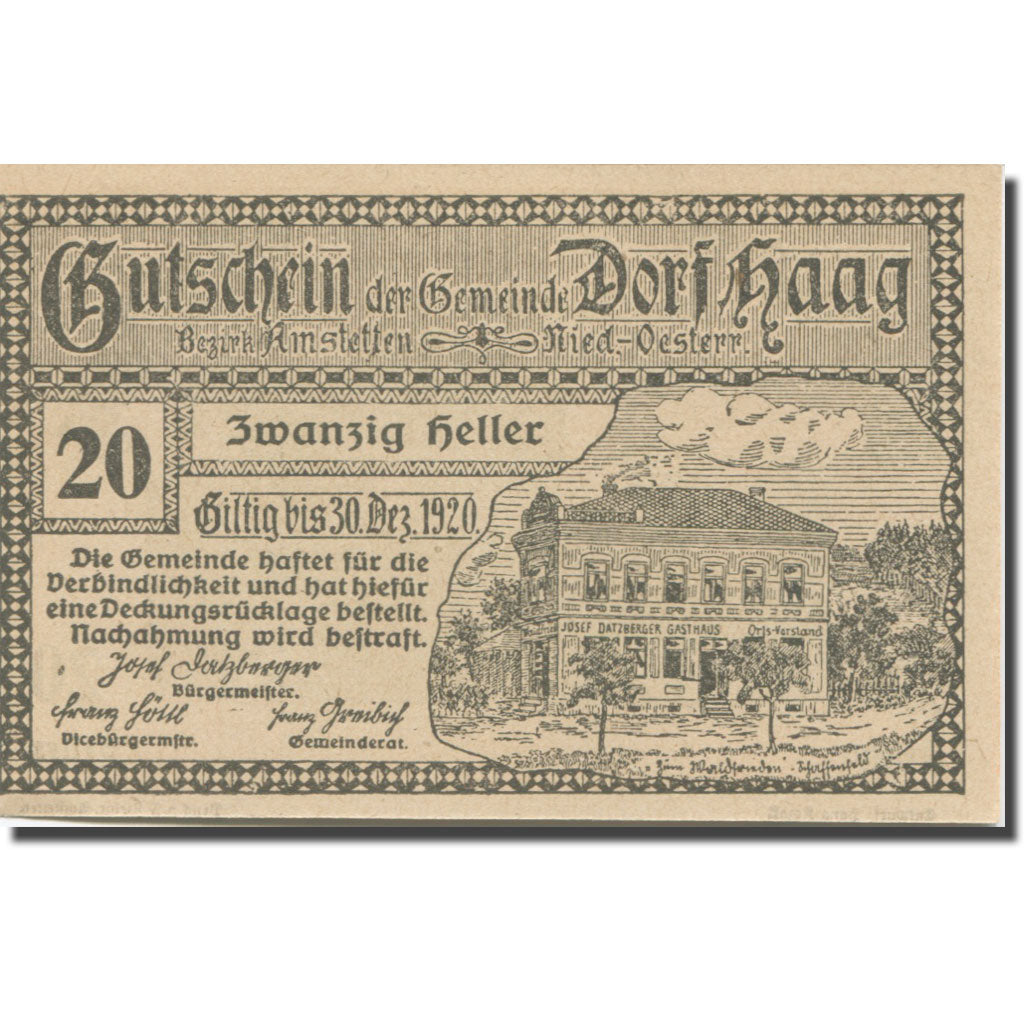 Banconote, Austria, Seitenstetten Dorf N.Ö. Gemeinde, 20 Heller, batiment 2