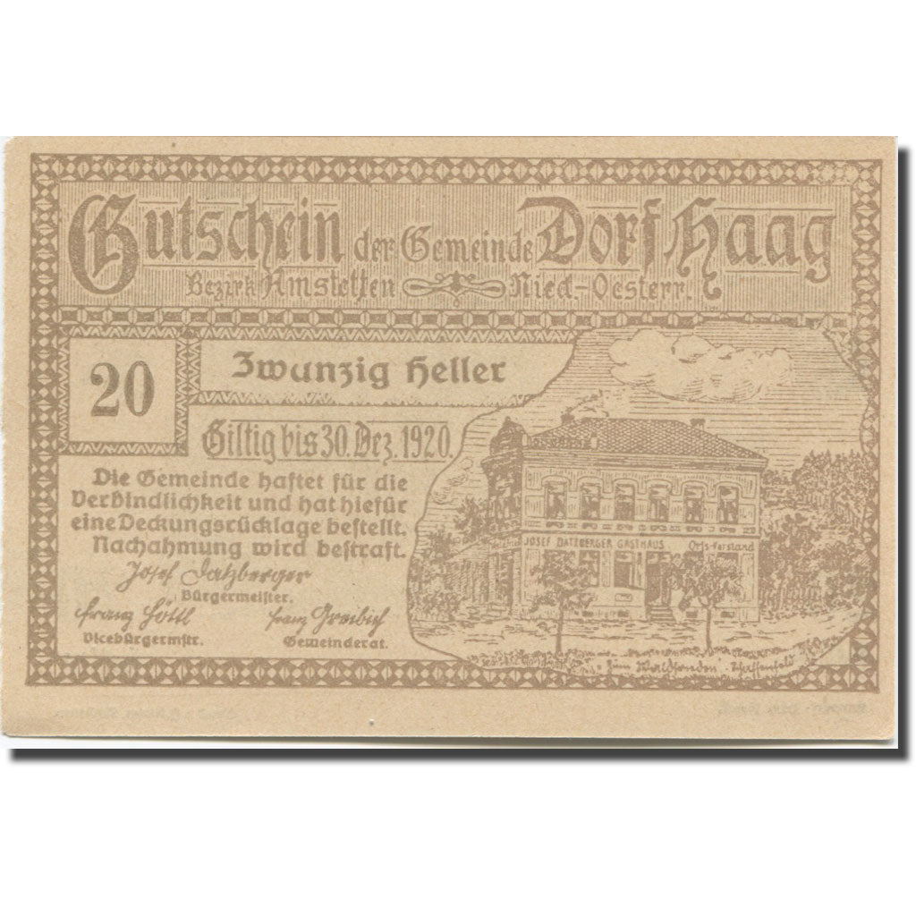 Banknote, Austria, Seitenstetten Dorf N.Ö. Gemeinde, 20 Heller, batiment 3