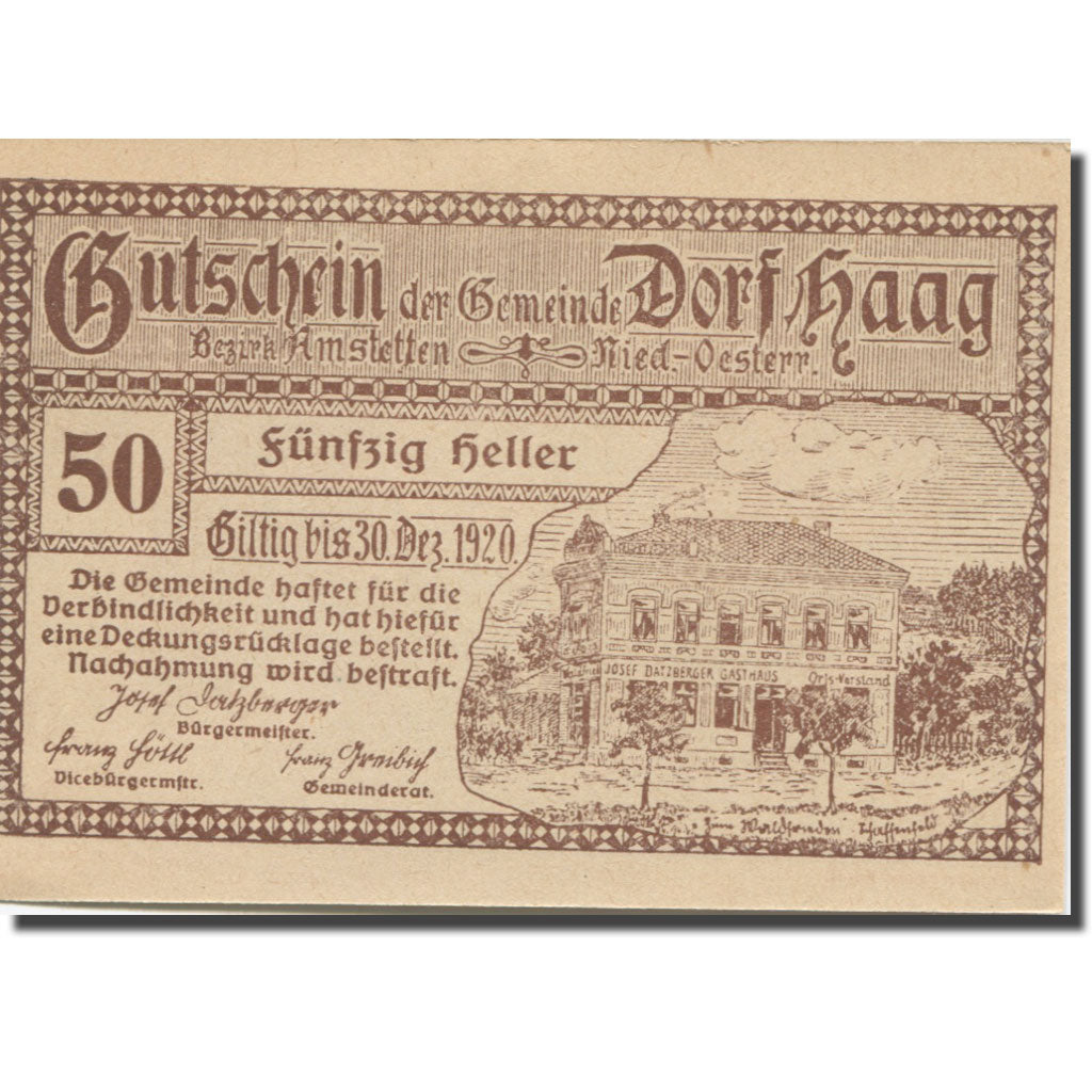 Banknote, Austria, Seitenstetten Dorf N.Ö. Gemeinde, 50 Heller, Batiment 4
