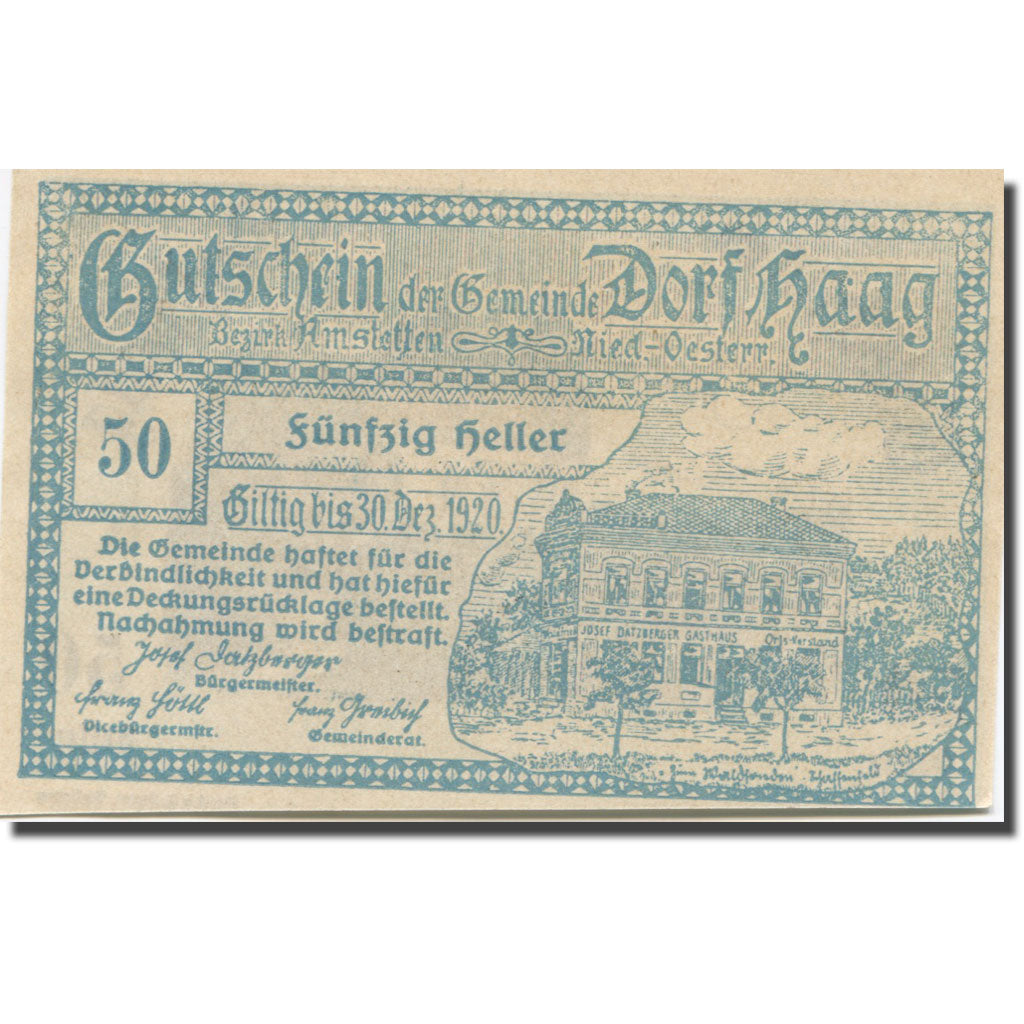 Banknote, Austria, Seitenstetten Dorf N.Ö. Gemeinde, 50 Heller, Batiment 5