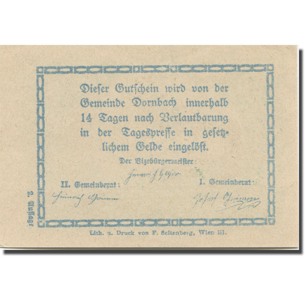 Banknote, Austria, Dornbach N.Ö. Ortschaft, 20 Heller, Texte 2, AU(55-58)