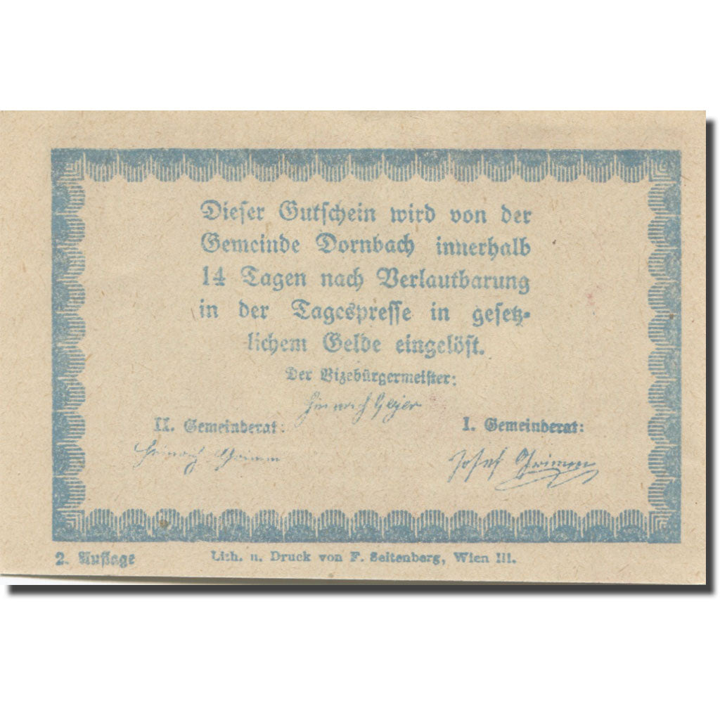 Banknote, Austria, Dornbach N.Ö. Ortschaft, 50 Heller, Texte 4, AU(55-58)