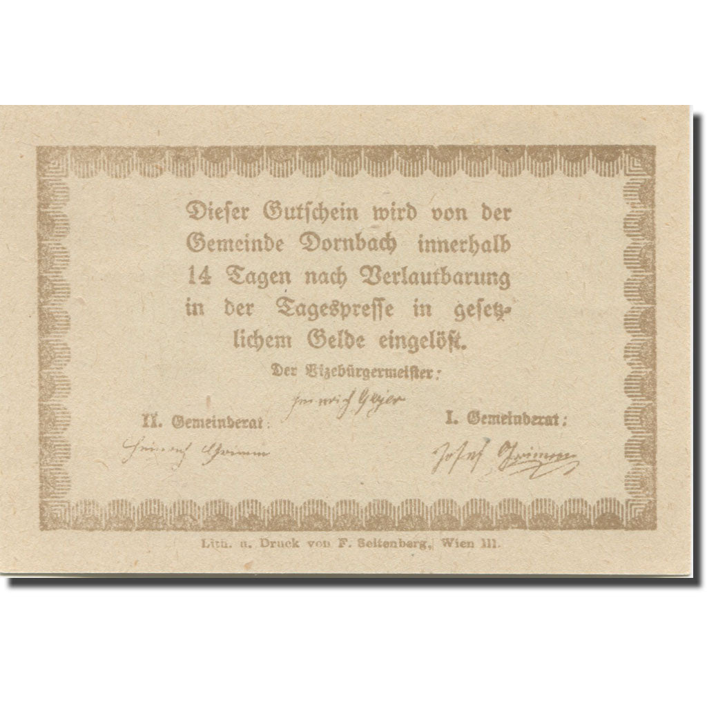 Banknote, Austria, Dornbach N.Ö. Ortschaft, 50 Heller, Texte  5, AU(55-58)
