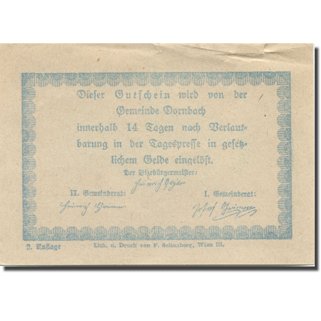Banknote, Austria, Dornbach N.Ö. Ortschaft, 75 Heller, Texte 6, AU(55-58)