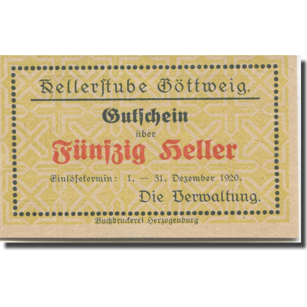 Banknote, Austria, Göttweig N.Ö. Prv. Kellerstube Göttweig, 50 Heller, texte