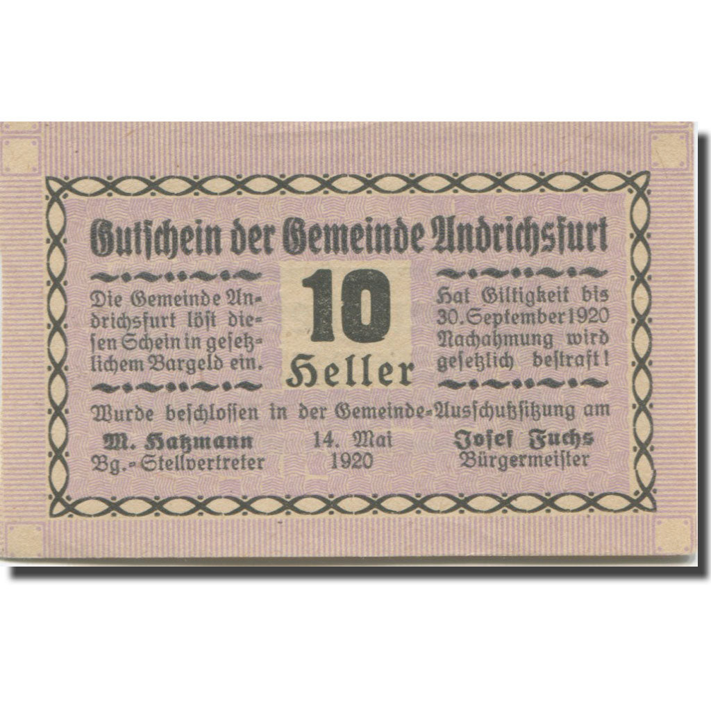 Banknote, Austria, Andrichsfurt O.Ö. Gemeinde, 10 Heller, valeur faciale, 1920