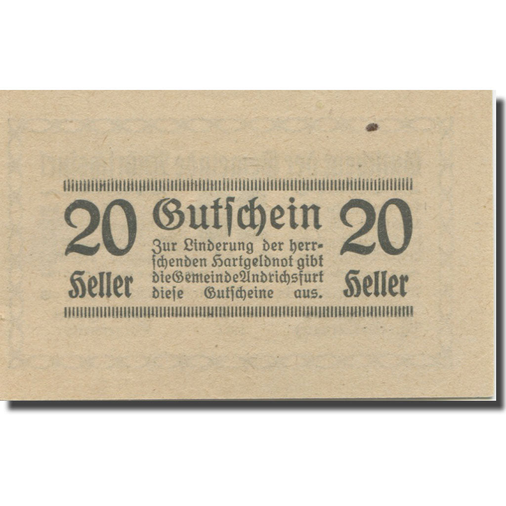 Banknote, Austria, Andrichsfurt O.Ö. Gemeinde, 20 Heller, valeur faciale 1