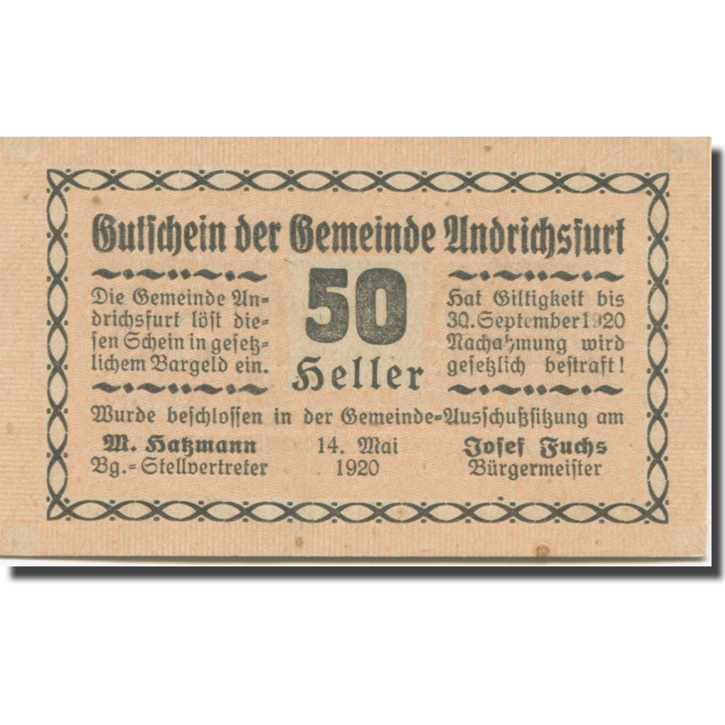Banknot, Austria, Andrichsfurt O.Ö. Gemeinde, 50 Heller, valeur faciale 2