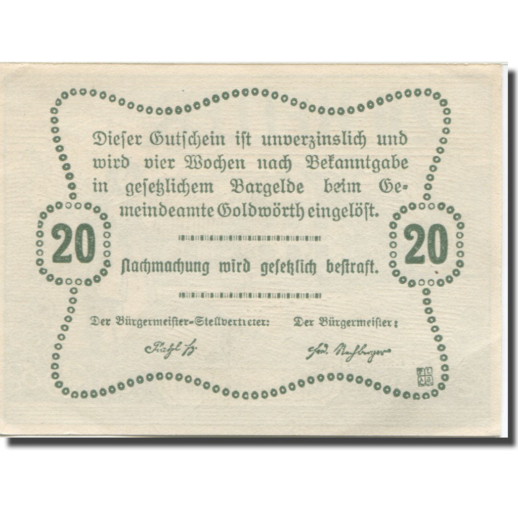 Banknote, Austria, Goldwörth O.Ö. Gemeinde, 20 Heller, Texte, AU(55-58)