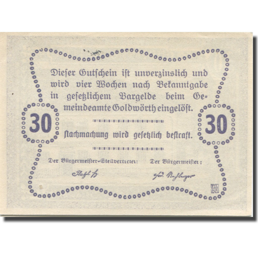 Banknote, Austria, Goldwörth O.Ö. Gemeinde, 30 Heller, texte 1, AU(55-58)