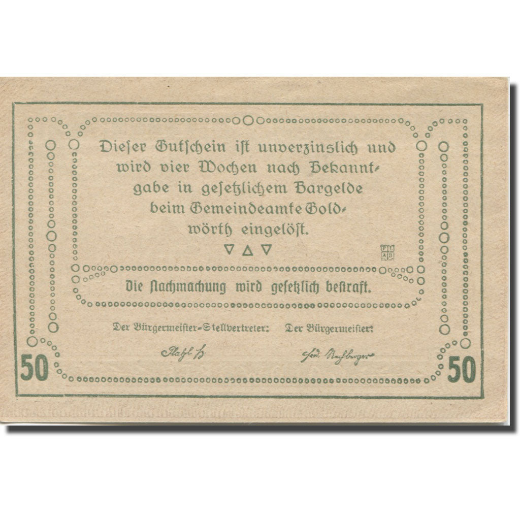 Banknote, Austria, Goldwörth O.Ö. Gemeinde, 50 Heller, Texte 2, AU(55-58)