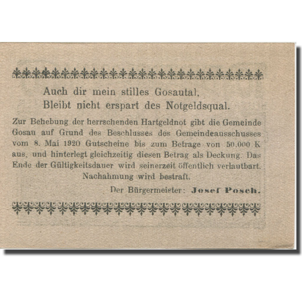 Banknote, Austria, Gosau O.Ö. Gemeinde, 10 Heller, Texte, 1920, 1920-05-08