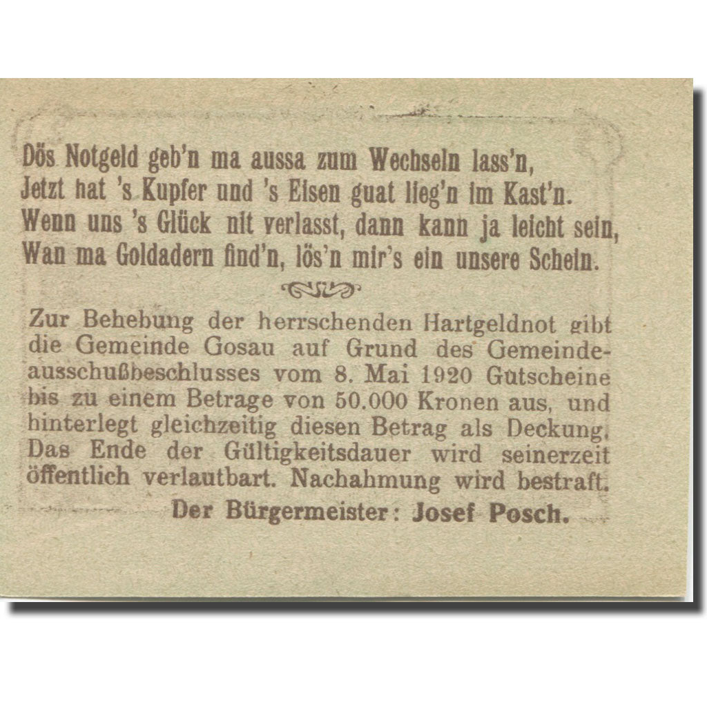 Banknote, Austria, Gosau O.Ö. Gemeinde, 20 Heller, texte 1, 1920, 1920-05-08