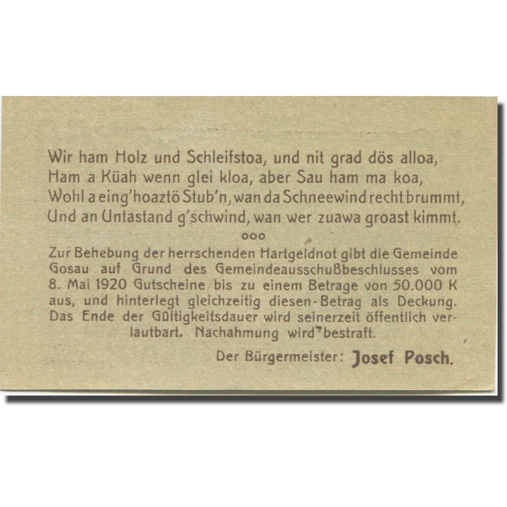 Banknote, Austria, Gosau O.Ö. Gemeinde, 50 Heller, Texte 2, 1920, 1920-05-08
