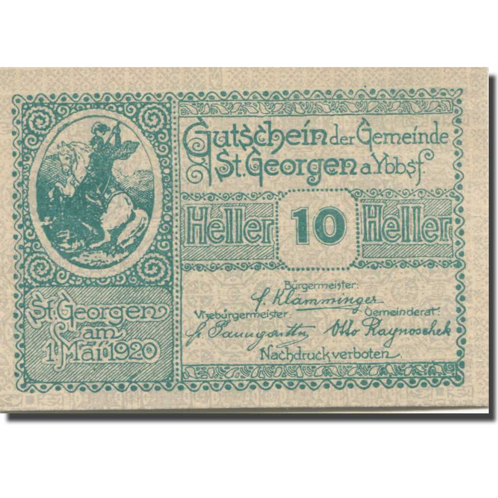 Banknote, Austria, St. Georgen am Ybbsfeld N.Ö. Gemeinde, 10 Heller, blé