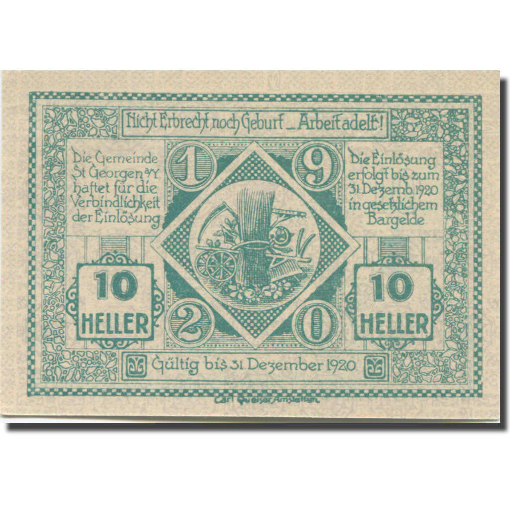 Banknote, Austria, St. Georgen am Ybbsfeld N.Ö. Gemeinde, 10 Heller, blé