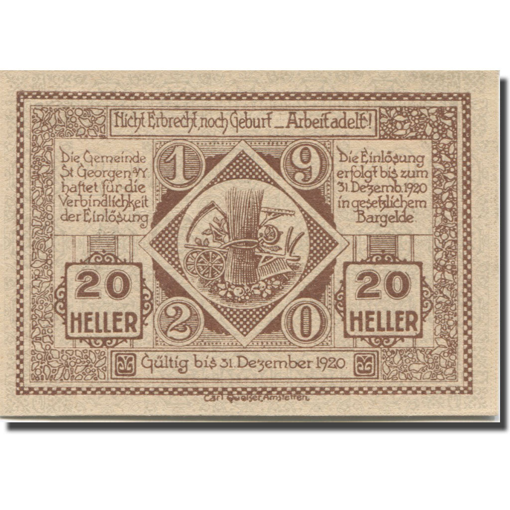Banknote, Austria, St. Georgen am Ybbsfeld N.Ö. Gemeinde, 20 Heller, Blé 1
