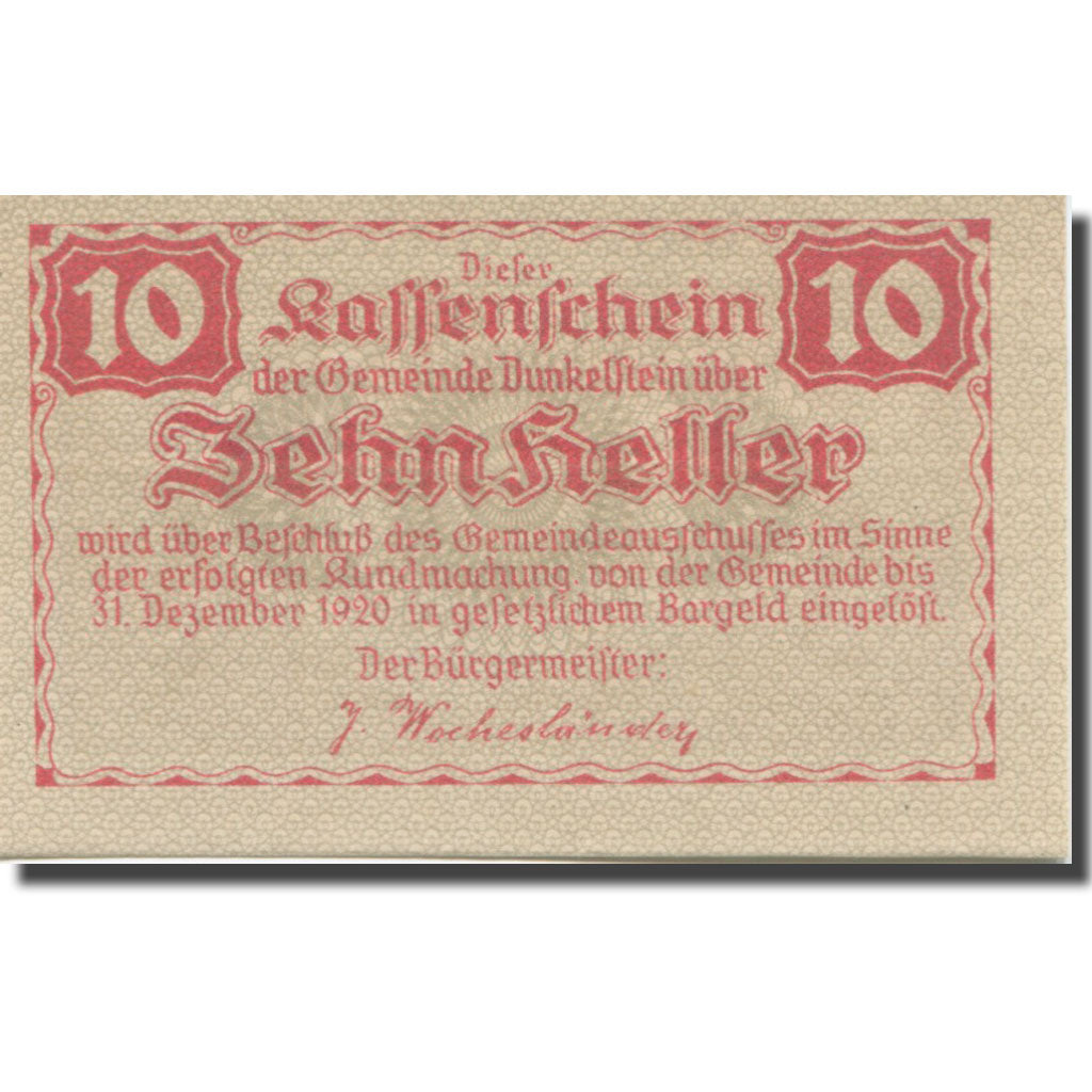 Banknote, Austria, Dunkelstein, 10 Heller, Batiment, 1920, 1920-12-31