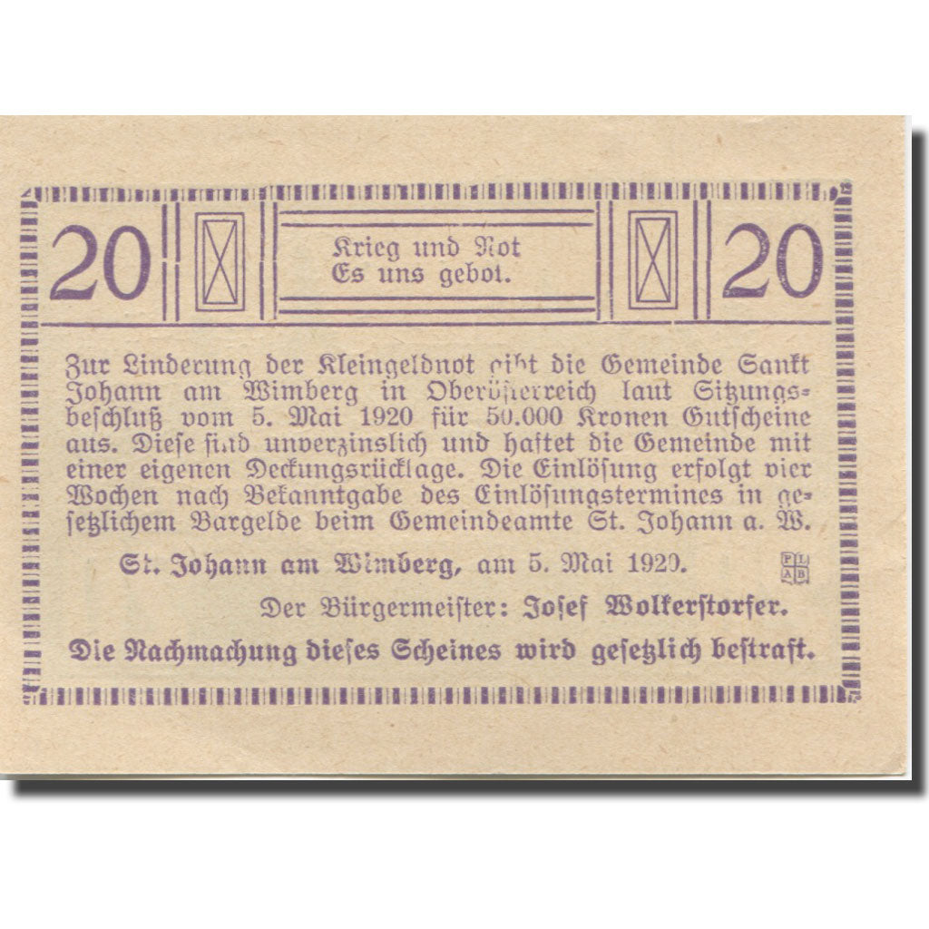 Banknote, Austria, St. Johann Am Wimberg O.Ö. Gemeinde, 20 Heller, Texte 2