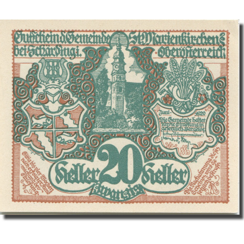 Banconote, Austria, St. Marienkirchen bei Schärding O.Ö. Gemeinde, 20 Heller
