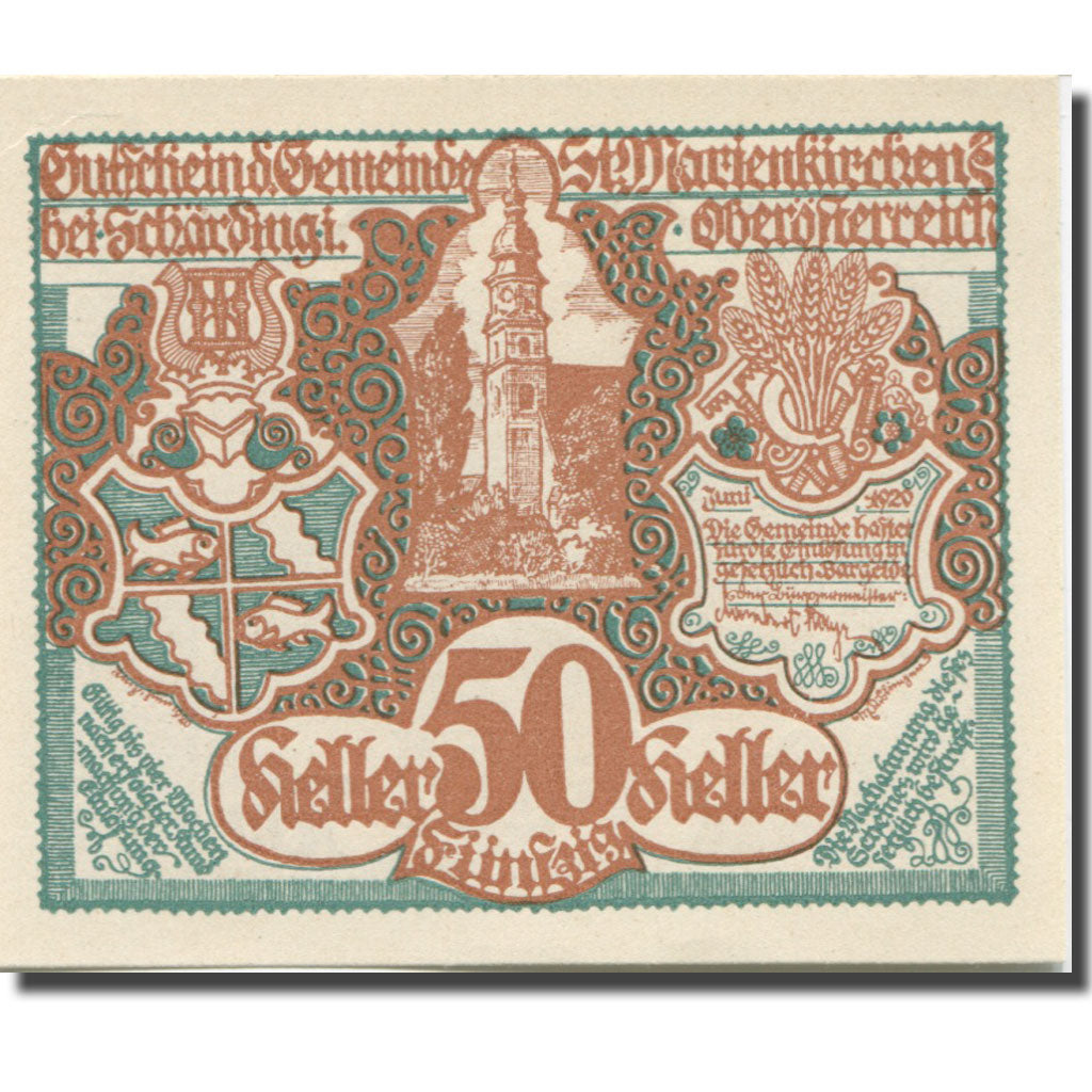 Banknote, Austria, St. Marienkirchen bei Schärding O.Ö. Gemeinde, 50 Heller