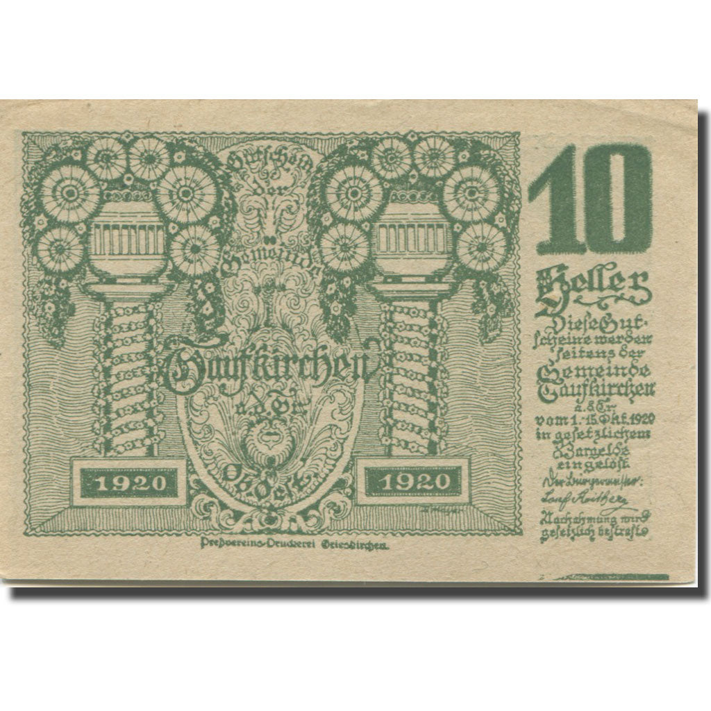 Banknote, Austria, Taufkirchen an der Trattnach O.Ö. Gemeinde, 10 Heller