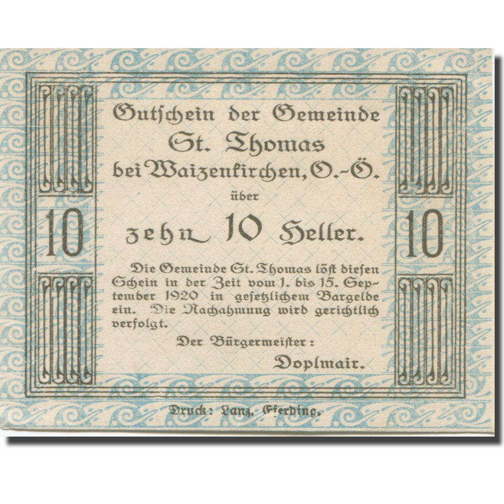 Banknote, Austria, St. Thomas Bei Waizenkirchen, 10 Heller, N.D, 1920