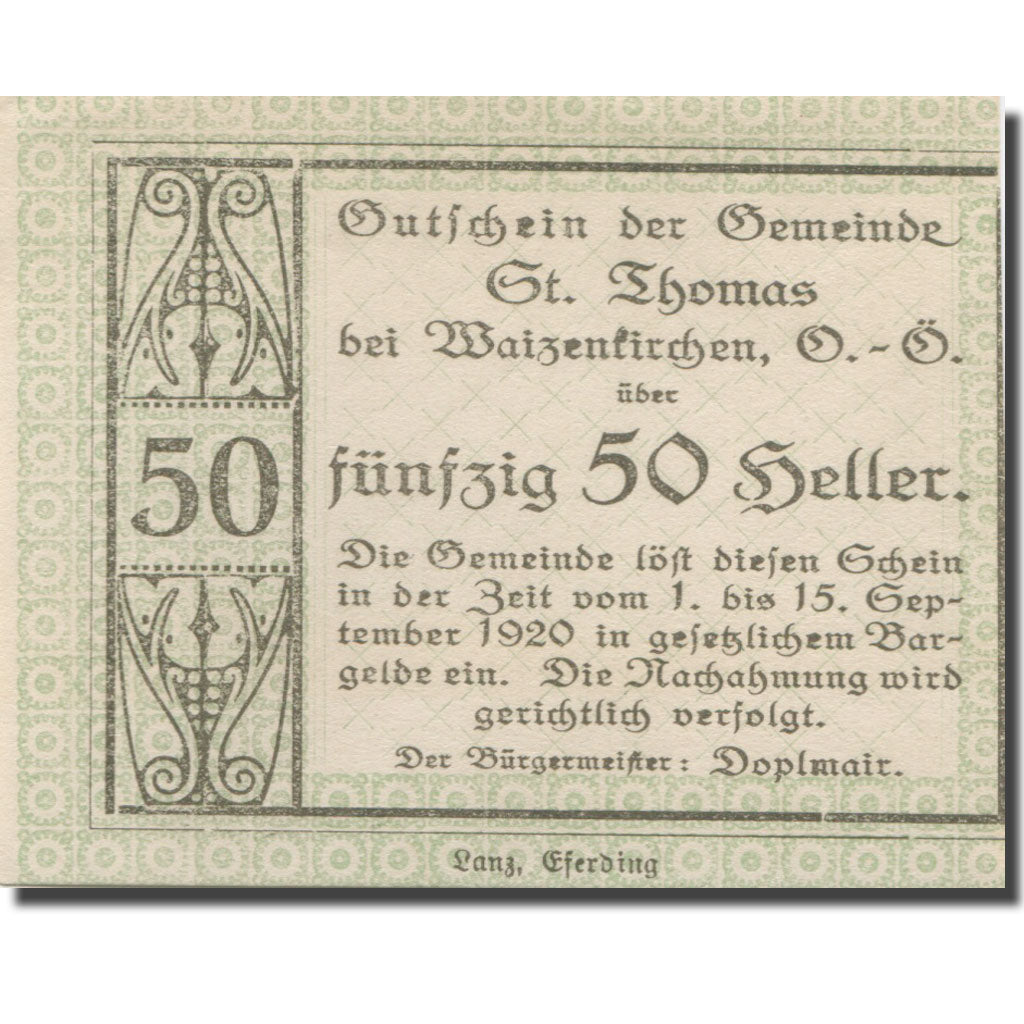 Banknote, Austria, St. Thomas Bei Waizenkirchen, 50 Heller, N.D, 1920