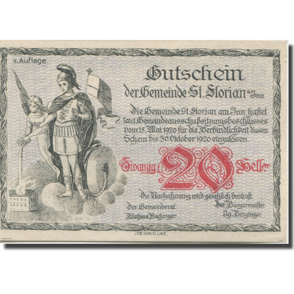 Banconote, Austria, St. Florian am Inn O.Ö. Gemeinde, 20 Heller, paysage, 1920