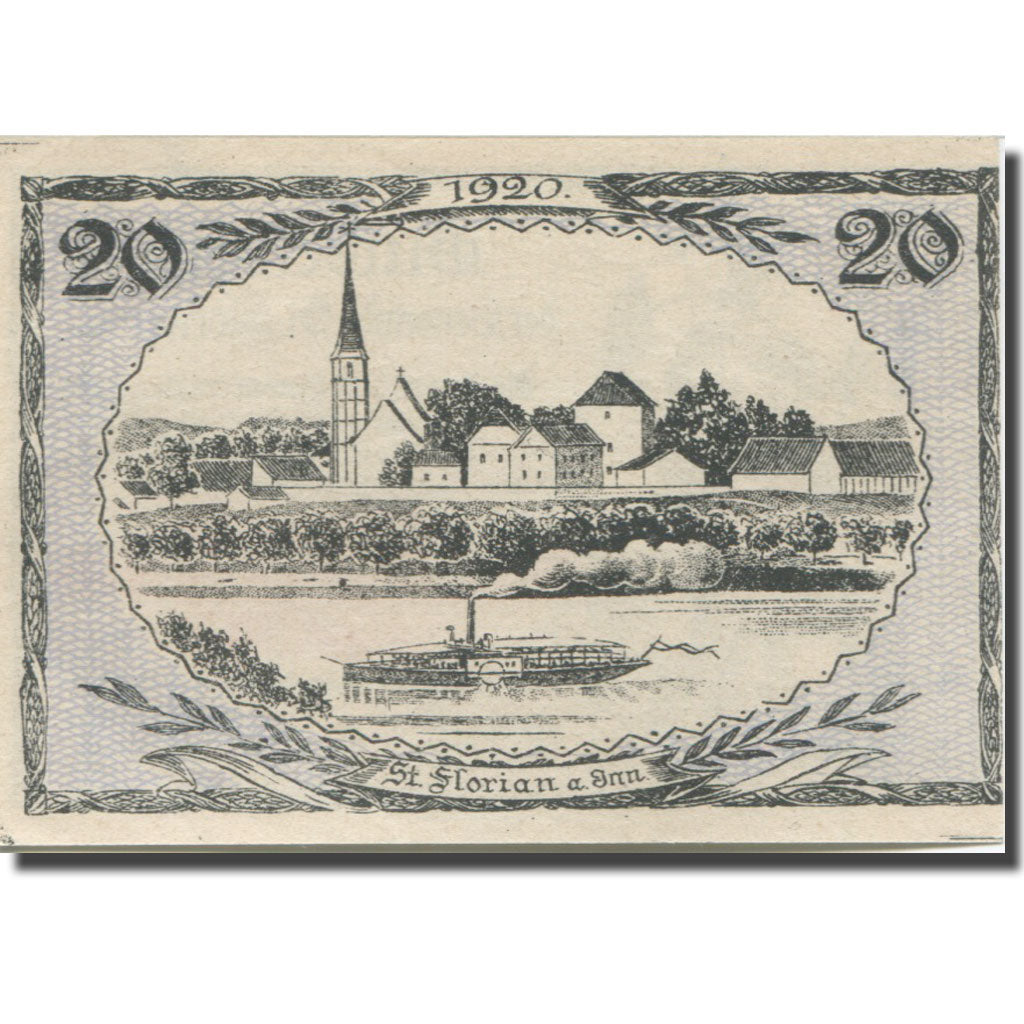 Banconote, Austria, St. Florian am Inn O.Ö. Gemeinde, 20 Heller, paysage, 1920