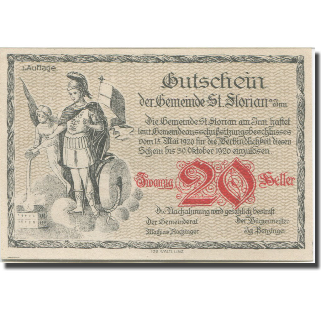 Banconote, Austria, St. Florian am Inn O.Ö. Gemeinde, 20 Heller, paysage 1