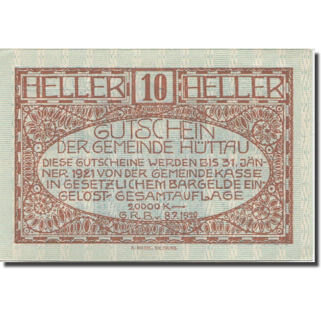 Banknote, Austria, Hüttau Sbg. Gemeinde, 10 Heller, Texte, 1921, 1921-01-31