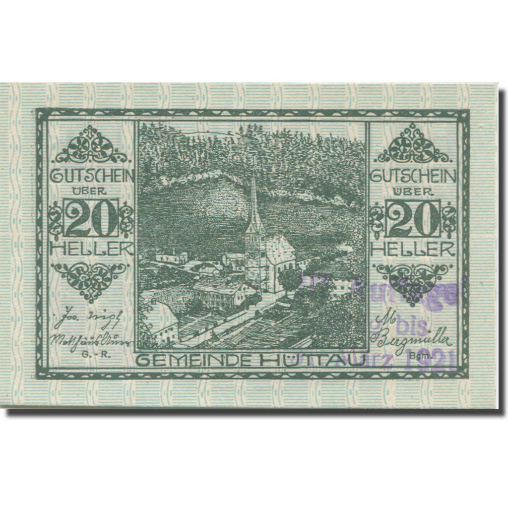 Banknote, Austria, Hüttau Sbg. Gemeinde, 20 Heller, texte 1, 1921, 1921-01-31